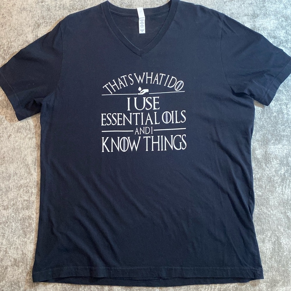 Bella-Canvas size XL black t-shirt with white lettering. Essential Oils. {302}